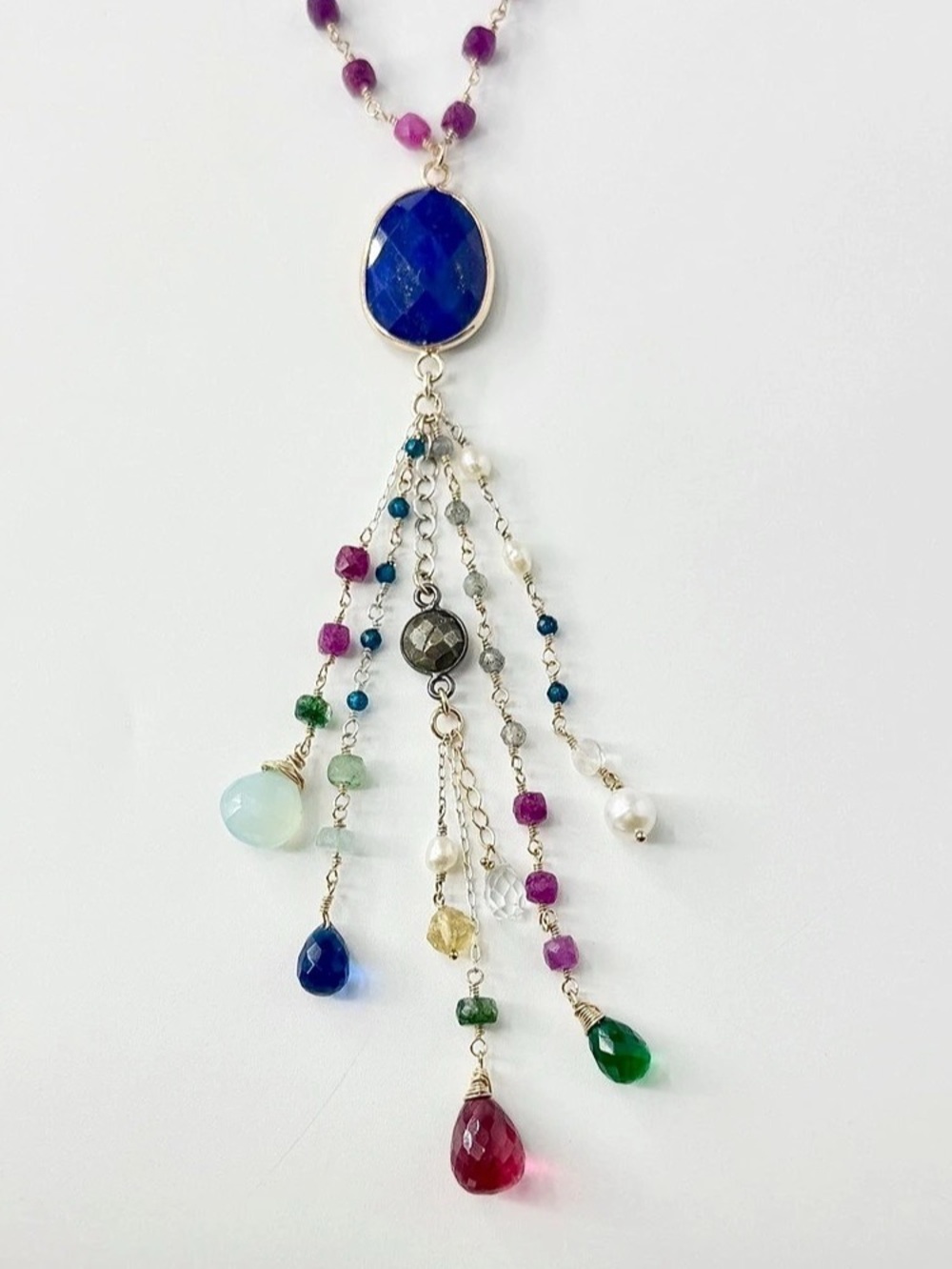 Long Ruby Wire Wrapped Charm Necklace